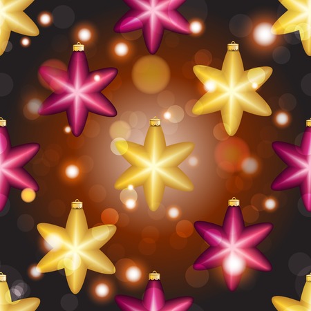 New Year pattern with Christmas ball. Christmas wallpaper with bow and ribbon. Sparkles and bokeh. Shiny and glowingのイラスト素材