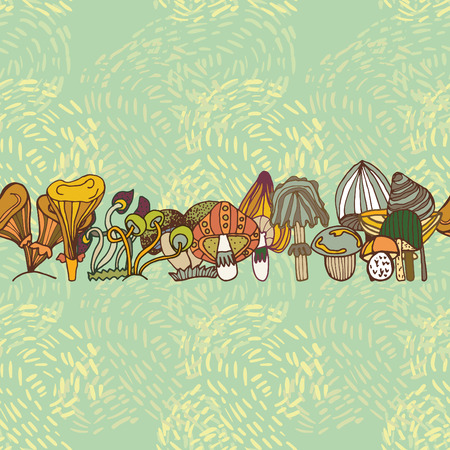 Seamless vector border of different mushrooms.のイラスト素材