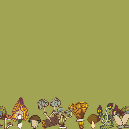 Seamless vector border of different mushrooms.のイラスト素材