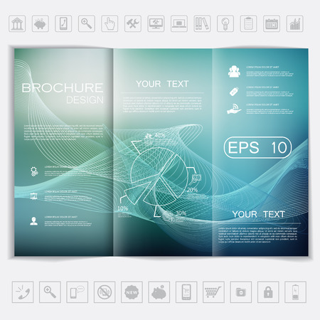 Tri-Fold Brochure mock up vector design. Smooth unfocused bokeh background with waves elements. Corporate Business Styleのイラスト素材