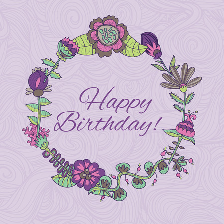 happy birthday greeting card. circle floral frame with cute cartoon flowerのイラスト素材