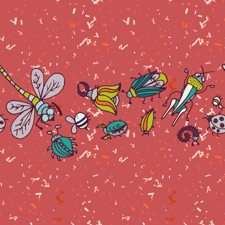Cute cartoon insect border pattern. Summer concept background. Colorful vector background with doodle beetlesのイラスト素材
