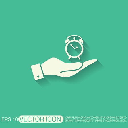 hand holding a alarm clock sign. Symbol morning. Alarm icon . The clock shows the timeのイラスト素材