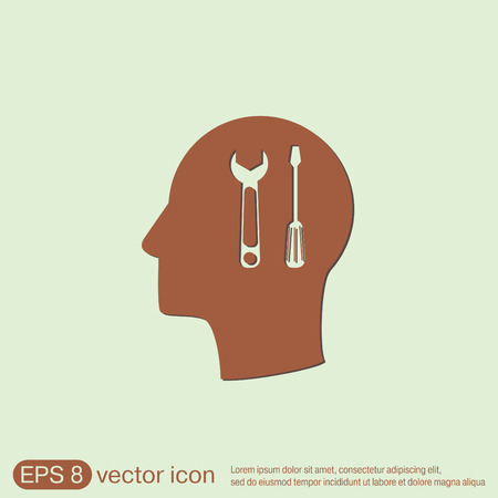 Vector Icon head think silhoutte vector man and his mind about symbol settings sign, screwdriver and wrenchのイラスト素材