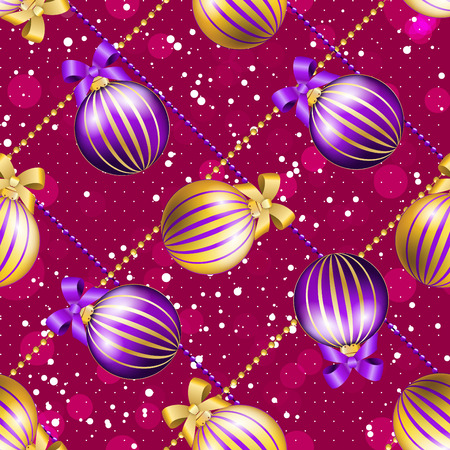 New Year pattern with Christmas ball. Christmas wallpaper with bow and ribbon. Sparkles and bokeh. Shiny and glowingのイラスト素材