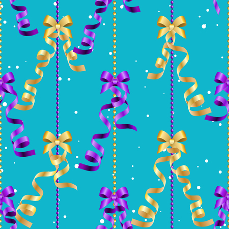 New Year pattern with Christmas ball. Christmas wallpaper with bow and ribbon. Sparkles and bokeh. Shiny and glowingのイラスト素材