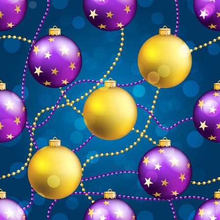 New Year pattern with Christmas ball. Christmas wallpaper with bow and ribbon. Sparkles and bokeh. Shiny and glowingのイラスト素材