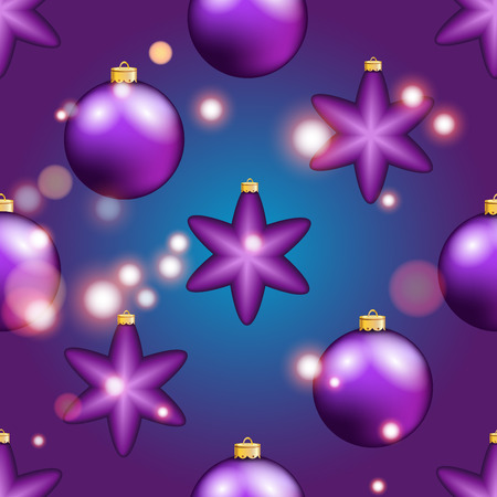 New Year pattern with Christmas ball. Christmas wallpaper with bow and ribbon. Sparkles and bokeh. Shiny and glowingのイラスト素材