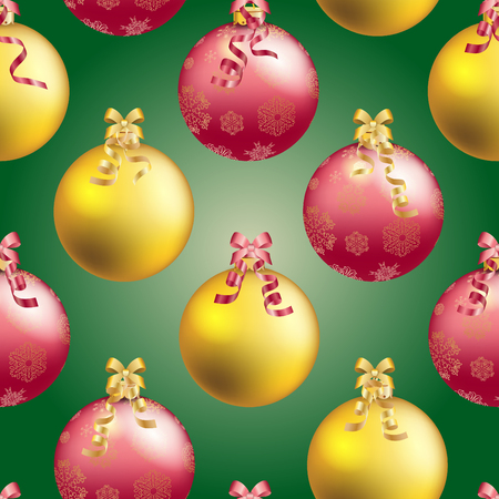 Christmas ball pattern, New year decorations. vector. Wallpaper with bow and ribbon. Sparkles and bokeh. Shiny and glowingのイラスト素材