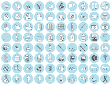 Medic icon vector illustration. Medical vaccinations outline linear. Hospital and vaccine, health medicine, doctor and laboratory, pharmacy business icons set.のイラスト素材