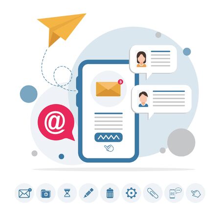 Email message, Infographic, Working process, Social network, Searching mail, New incoming message, Mail sending. Flat email messages inboxのイラスト素材