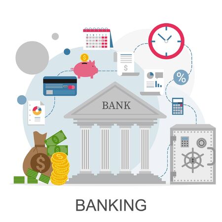Banking concept infographic. Vector icons of financial analytics, online banking and payment control concepts.のイラスト素材