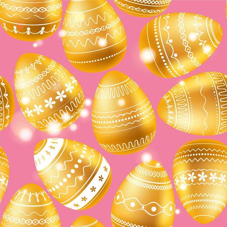 Easter egg. Pattern with realistic Easter eggs. Seamless texture vector illustration with glow effect. Religious holiday background decoration. Golden eggs with white ornaments on pink background. Happy Easterのイラスト素材