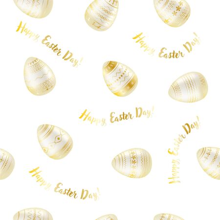 Easter egg. Pattern with realistic Easter eggs. Seamless texture vector illustration with glow effect. Religious holiday background decoration. White eggs with gold ornaments on white background. Happy Easterのイラスト素材