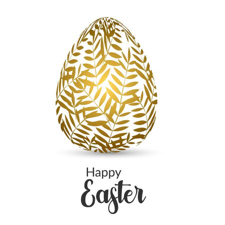 Easter egg. Easter card with an egg decorated with a Golden plant. vegetative ornament. Religious holiday vector illustration for poster, flyer. Egg decoration with gold leaf ornament. Happy Easterのイラスト素材