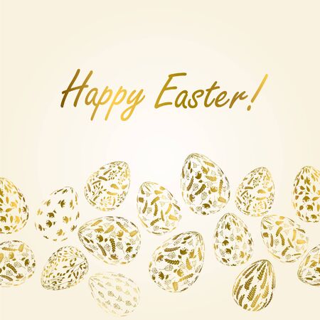 Pattern with realistic Easter eggs. Seamless border vector illustration. Religious holiday background decoration. Golden eggs with plant ornaments on light background. Happy Easterのイラスト素材