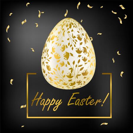 Easter egg. Greeting card with Golden eggs. Religious holiday vector illustration for poster, flyer. Decorate Golden eggs with plant ornaments on a dark background. Happy Easterのイラスト素材
