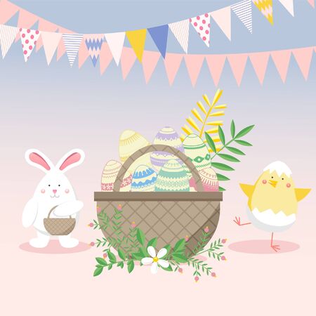 Easter vector illustration with egg, chicken, bunny (rabbit) and flower. Spring religious holiday. Vector illustrations for a poster, greeting card, invitation or banner. Childish seamless Colorful pattern in cartoon style. Happy Easter!のイラスト素材