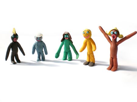 plasticine people figures saying hi on white backgroundの写真素材