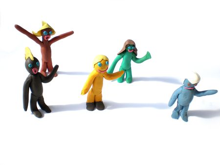 plasticine people figures saying hi on white backgroundの写真素材