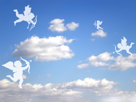 valentines day white cupids on cloudy skyの写真素材