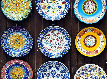 colorful decorated handmade bulgarian platesの写真素材