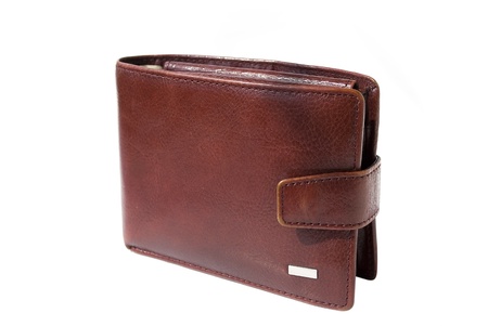 brown leather purse wallet isolated on white backgroundの写真素材
