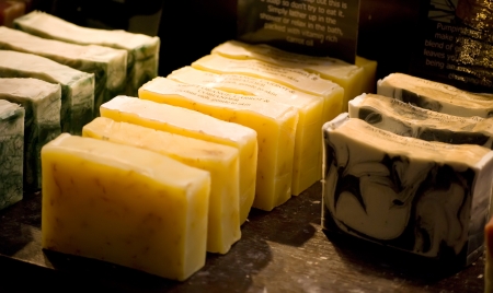 organic homemade herbal soaps on the marketの写真素材