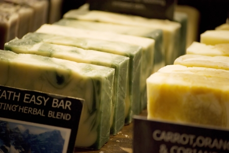 organic homemade herbal soaps on the marketの写真素材