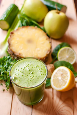 healthy organic green detox juice on woodの写真素材