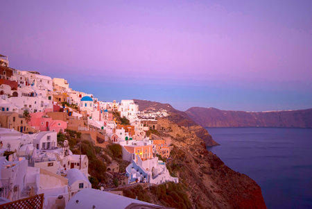 Oia Santorini Greece famous with romantic and beautiful sunsetsの写真素材