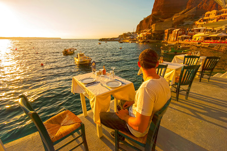 Oia Santorini Greece famous with beautiful romantic sunsetsのeditorial素材