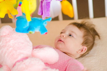 little cute baby girl playing in a cotの写真素材