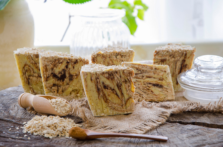 homemade oats and cinnamon soap using olive oil shea and cocoa butterの写真素材