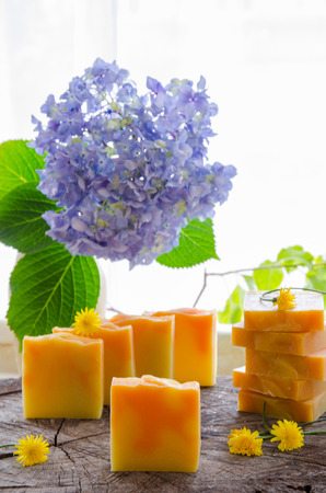 homemade orange and dandelion herbal natural soap using olive oil shea and cocoa butterの写真素材