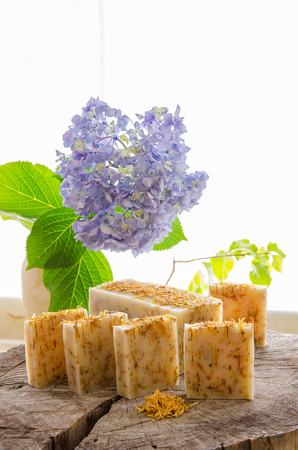 homemade calendula and tea tree herbal natural soap using olive oil shea and cocoa butterの写真素材