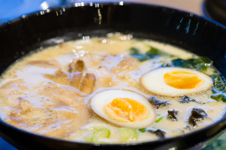 delicious japan food style menu.traditional japanese local Ramen noodle on black dish.japanese chef cooking Ramen noodles at japanese restaurant.tasty japanese food served on dish.の写真素材