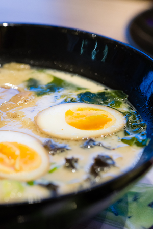 delicious japan food style menu.traditional japanese local Ramen noodle on black dish.japanese chef cooking Ramen noodles at japanese restaurant.tasty japanese food served on dish.の写真素材