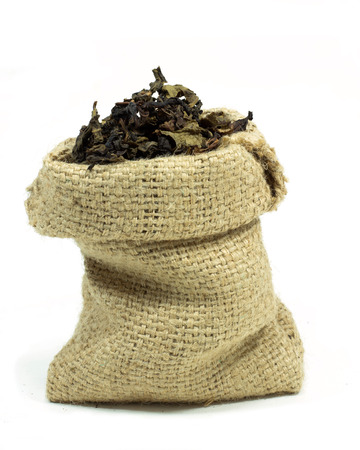 Tea in hessian sack isolated on whiteの写真素材
