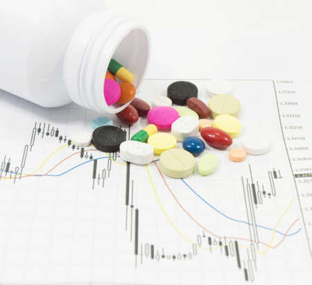 Pills spilling on stock chart - market analysisの写真素材