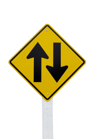 Two way traffic sign isolated on whiteの写真素材