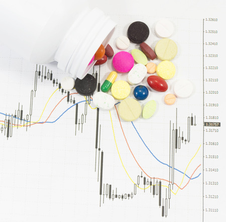 Pills spilling on stock chart - market analysisの写真素材