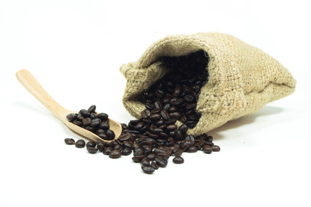 Coffee beans in wooden spoon isolated on whiteの写真素材