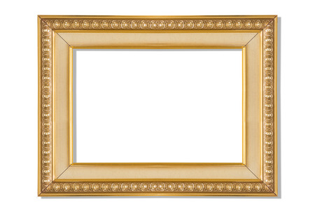 Golden photo frame isolated on white backgroundの写真素材