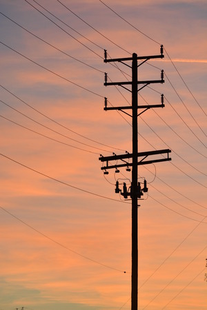 power lines in the sunsetの写真素材