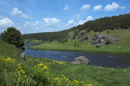 summer landscape with river and blue sky