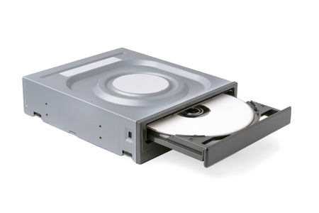 opened drive CD - DVD - Blu Ray with a black cap and white disk on a white background, CD-ROM, DVD-ROM, BD-ROMの写真素材