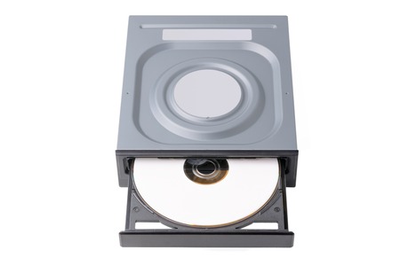 opened drive CD - DVD - Blu Ray with a black cap and white disk on a white background, CD-ROM,...