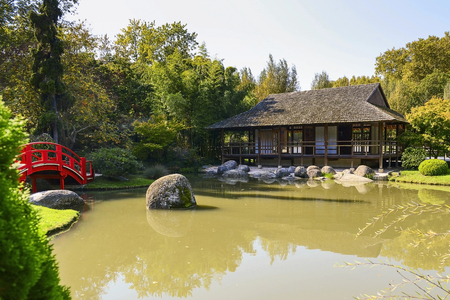 Japanese public garden on a sunny day. Compans Caffarelli district. Toulouse France Europeの写真素材