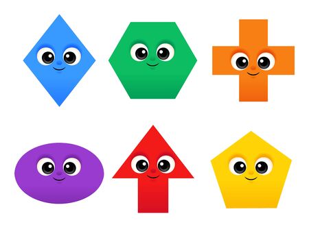 Cute shapes set: rhombus, pentagon, hexagon, cross, arrow, oval, cartoon characters for children, isolated objects on whiteのイラスト素材